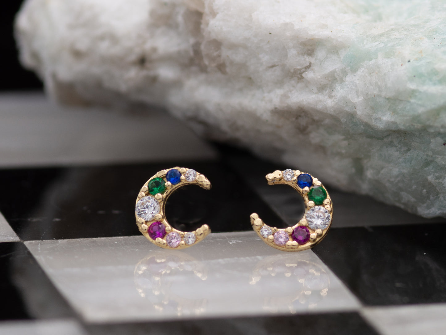 14k solid gold crescent moon earrings with  rainbow stones