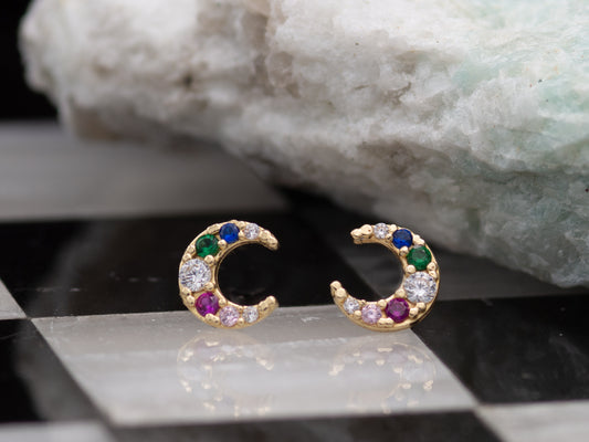 14k solid gold crescent moon earrings with  rainbow stones