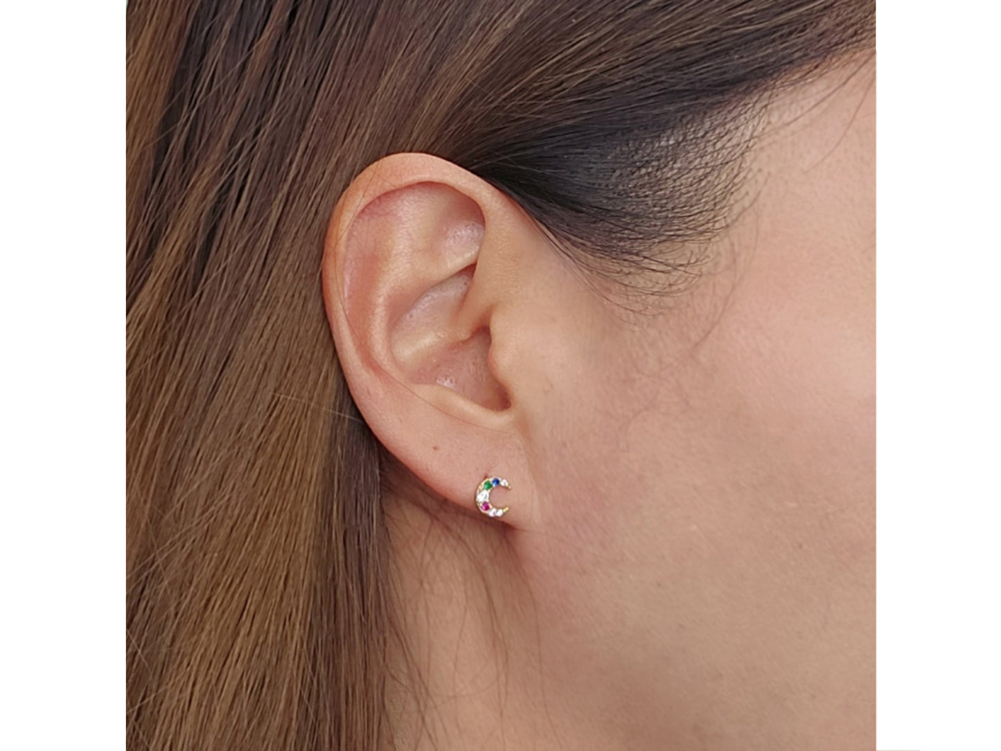 14k solid gold crescent moon earrings with  rainbow stones