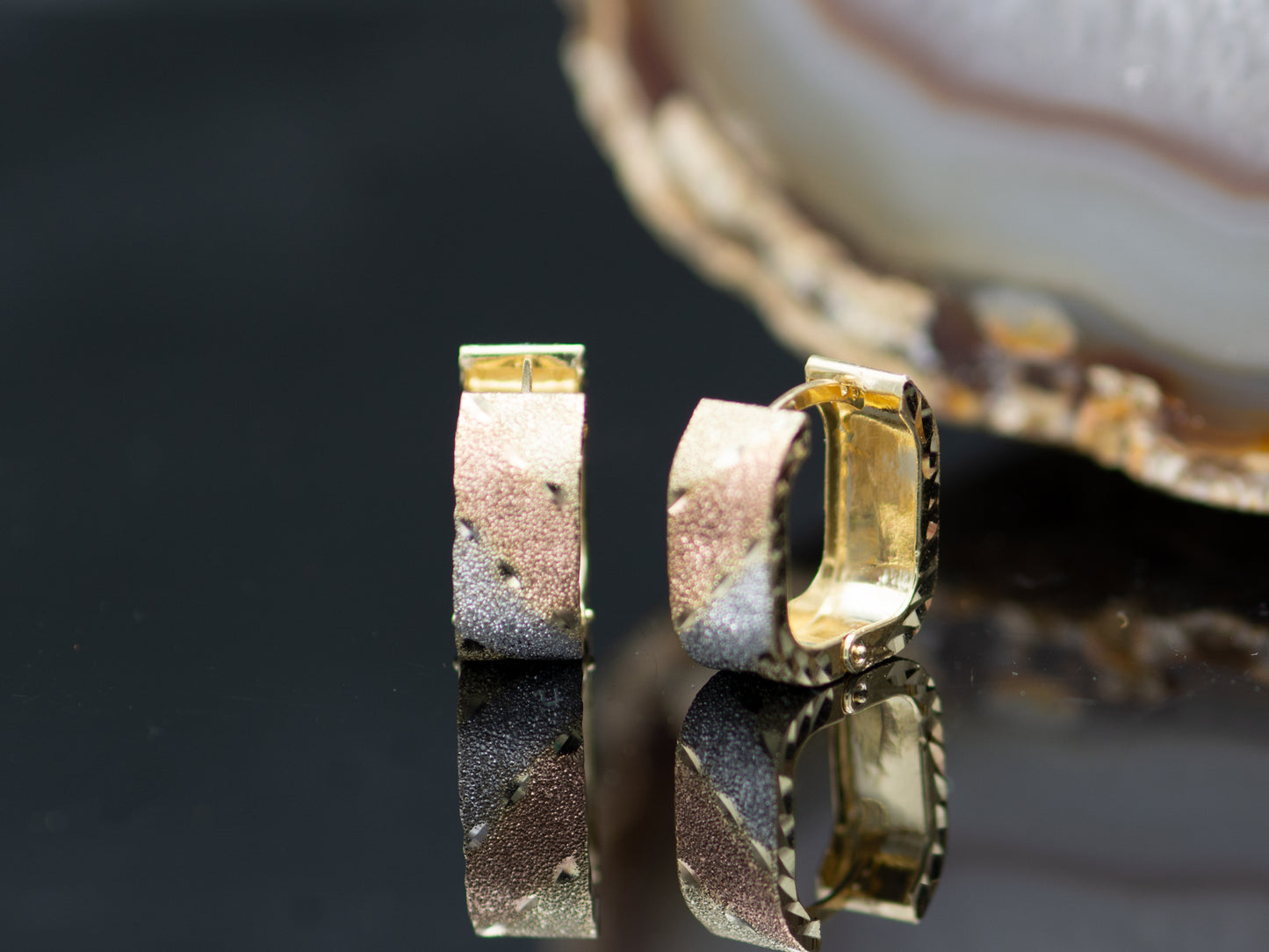 14K Solid Gold Tricolor Textured Huggies Hoop earring