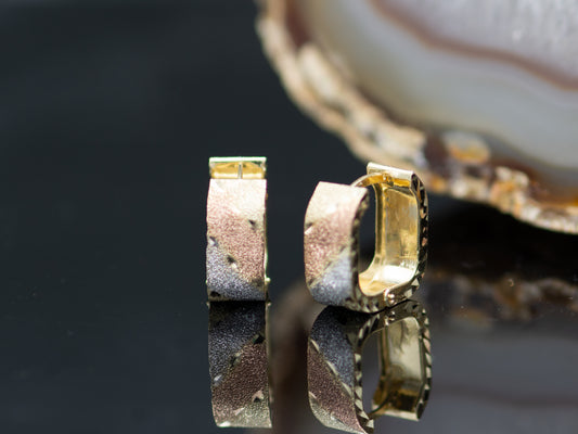 14K Solid Gold Tricolor Textured Huggies Hoop earring