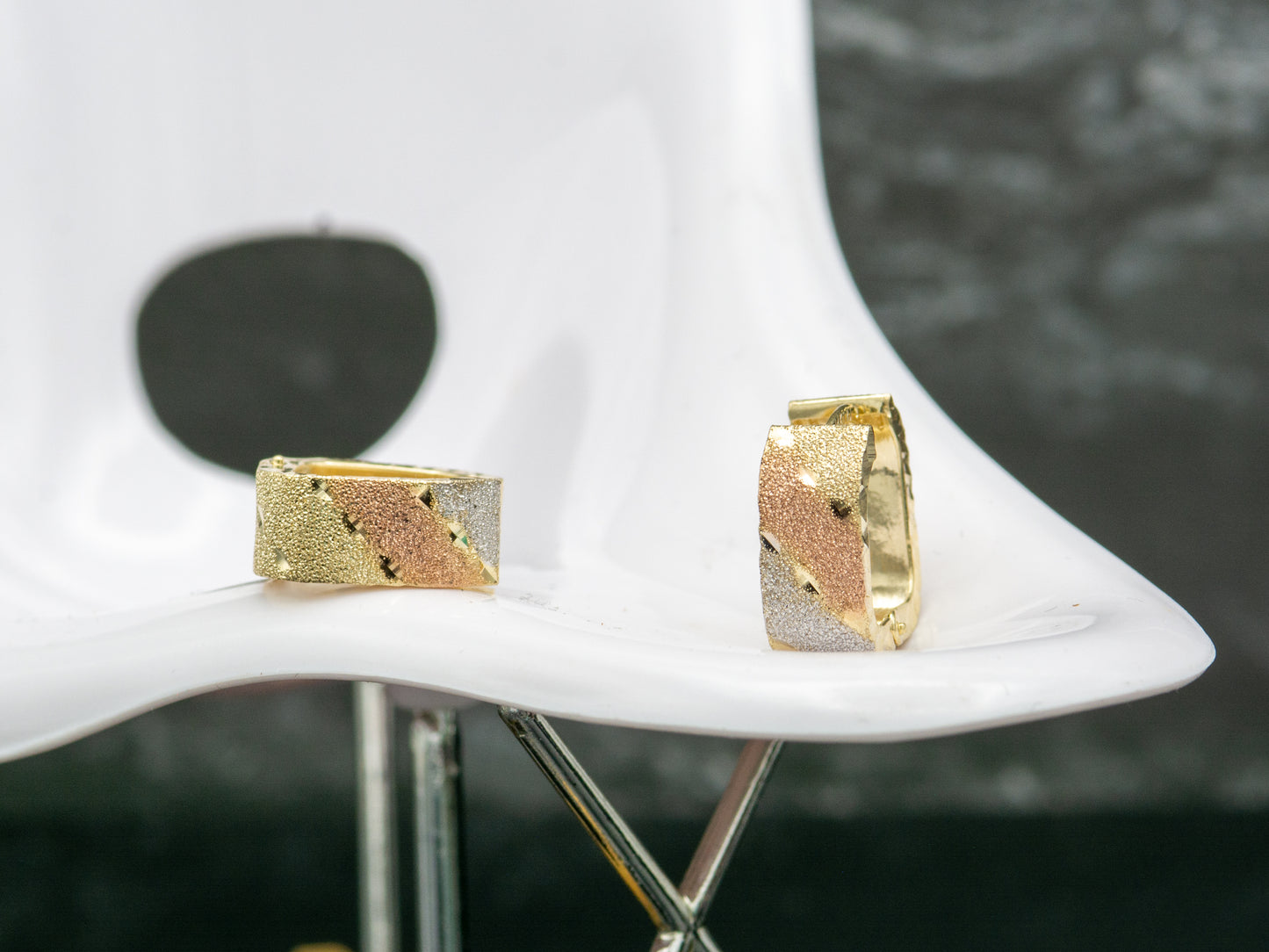 14K Solid Gold Tricolor Textured Huggies Hoop earring