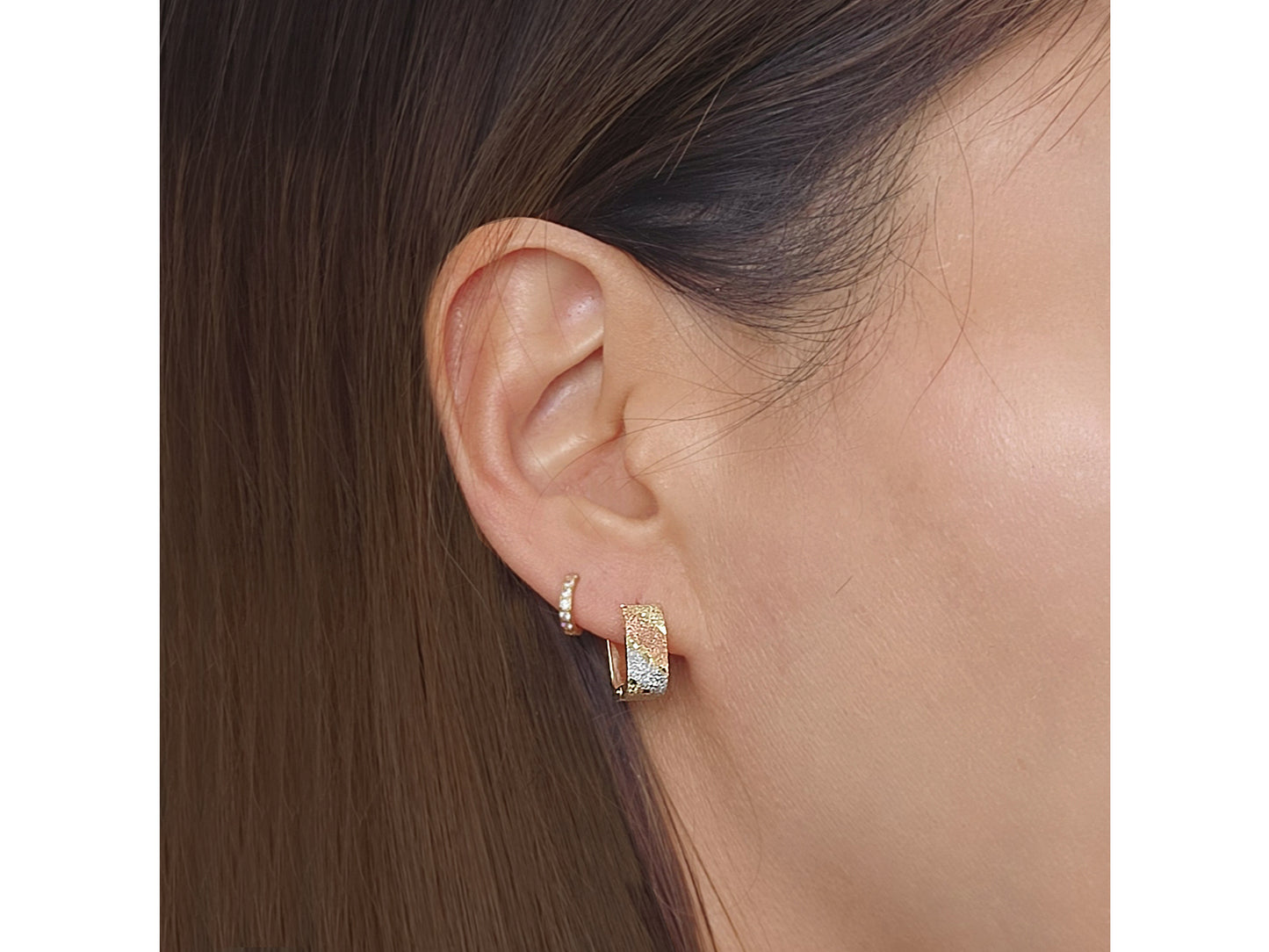 14K Solid Gold Tricolor Textured Huggies Hoop earring