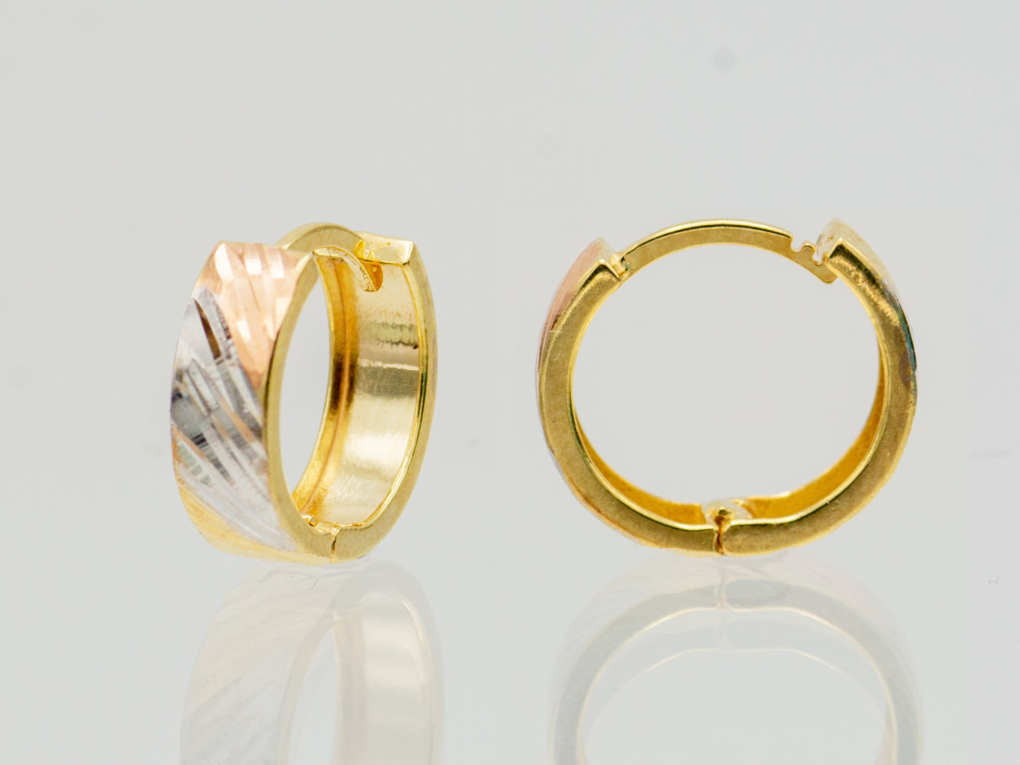 14K Solid Gold Triple Diamond Cut Round Huggies Hoop earring