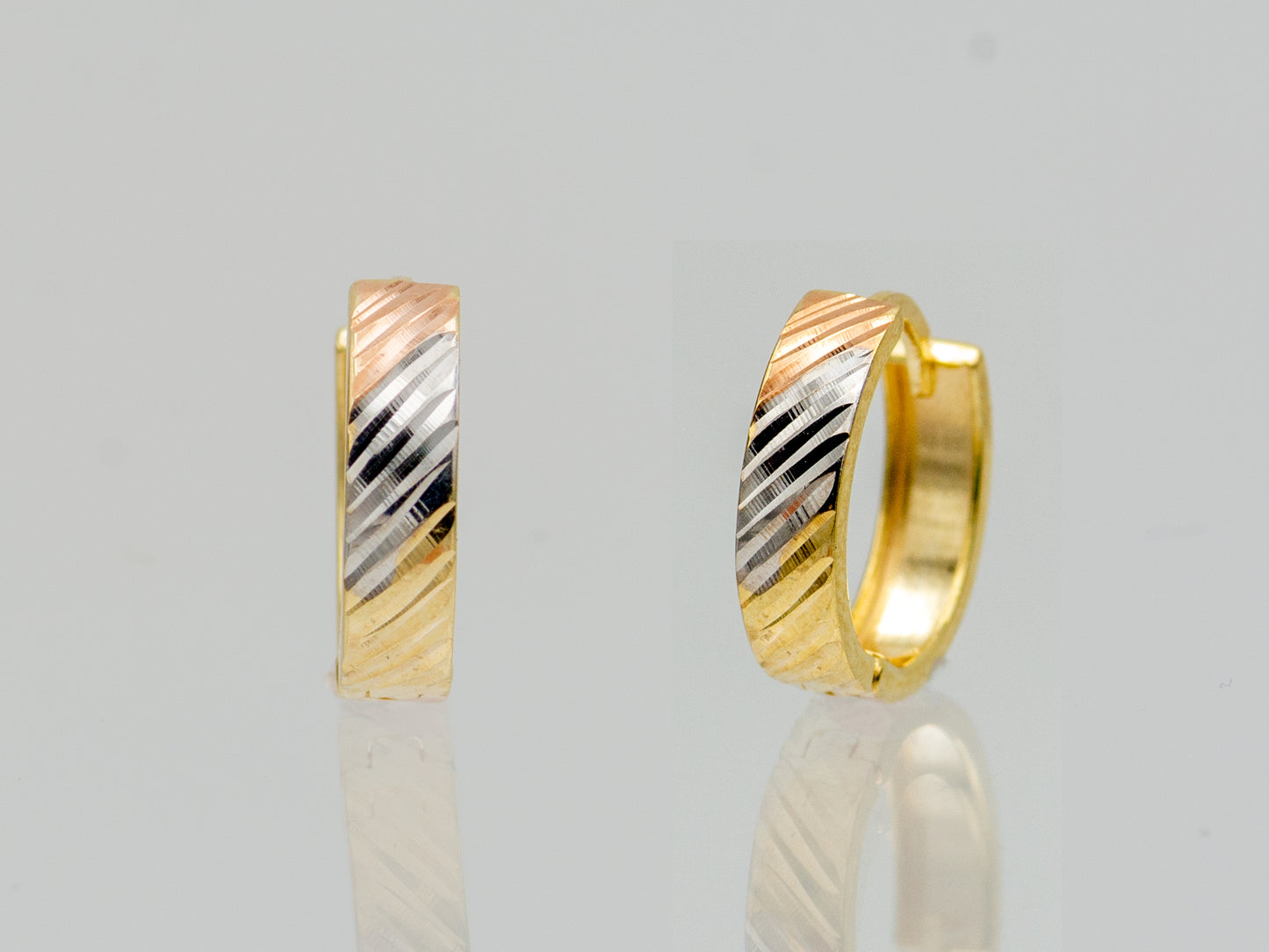 14K Solid Gold Triple Diamond Cut Round Huggies Hoop earring