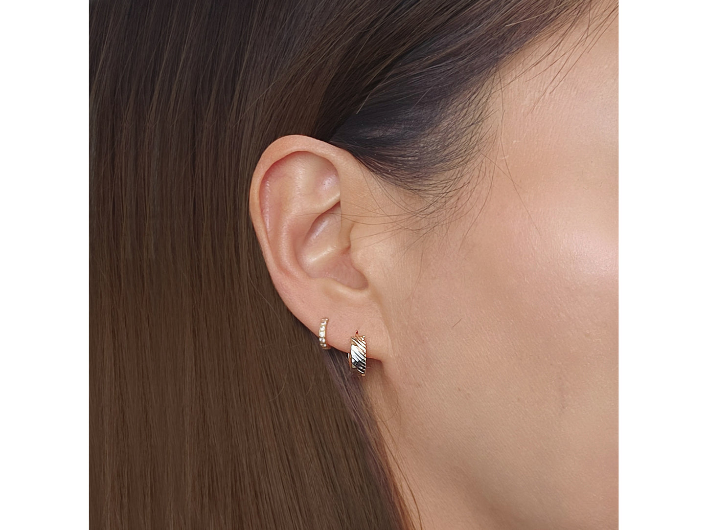 14K Solid Gold Triple Diamond Cut Round Huggies Hoop earring