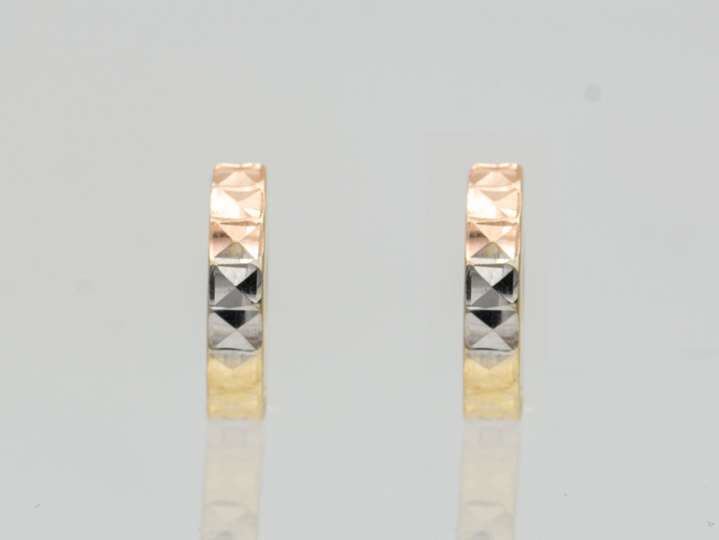 14K Solid Gold Tri color Diamond Cut Round Huggies Hoop earring