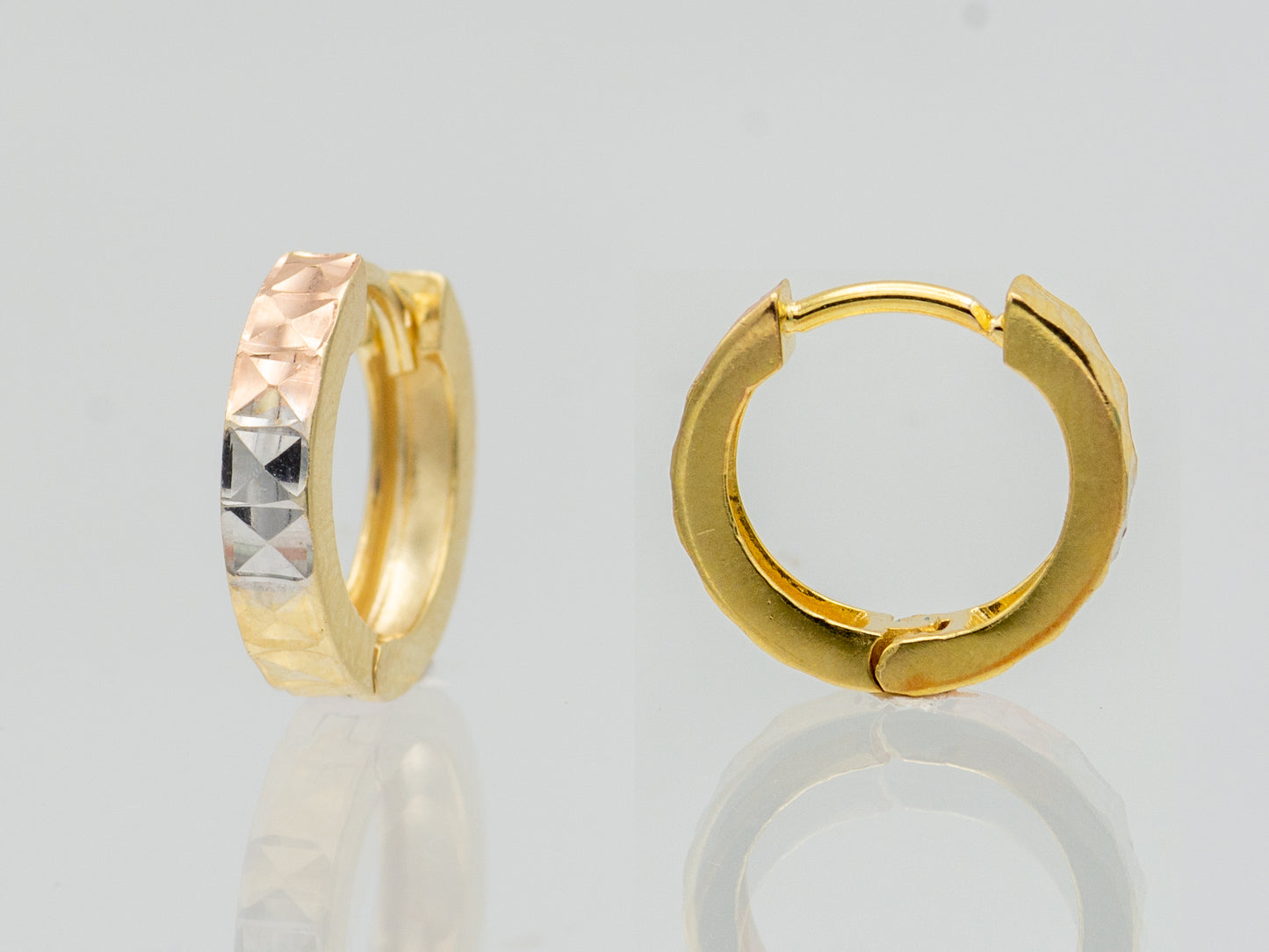 14K Solid Gold Tri color Diamond Cut Round Huggies Hoop earring