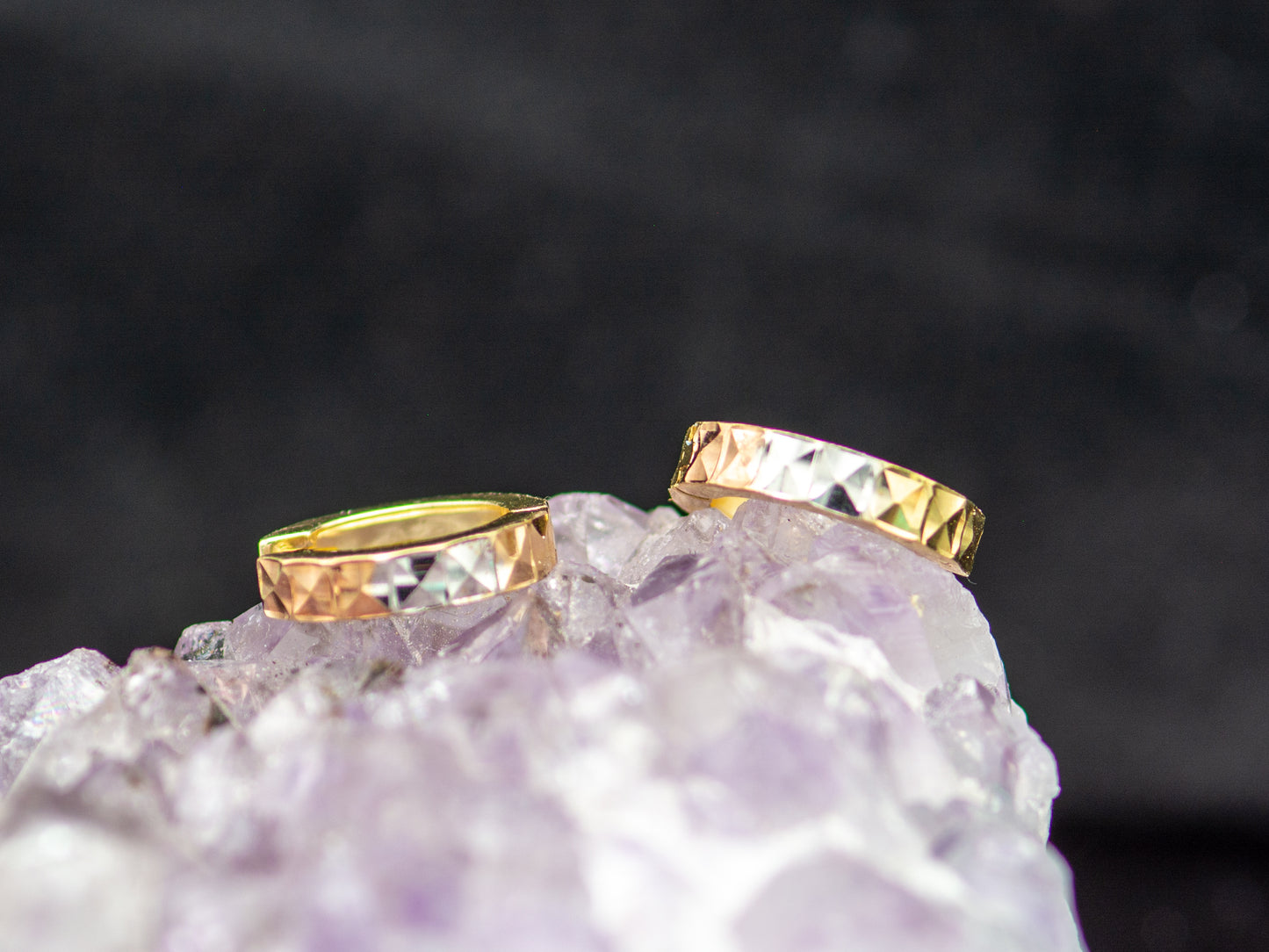 14K Solid Gold Tri color Diamond Cut Round Huggies Hoop earring
