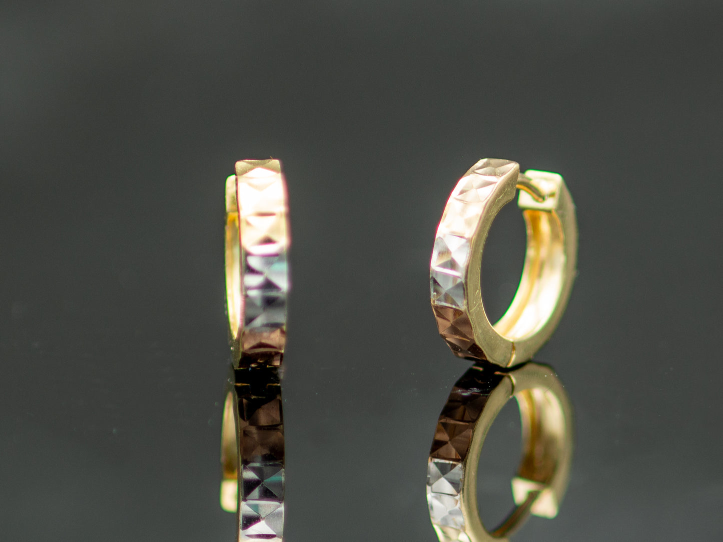 14K Solid Gold Tri color Diamond Cut Round Huggies Hoop earring