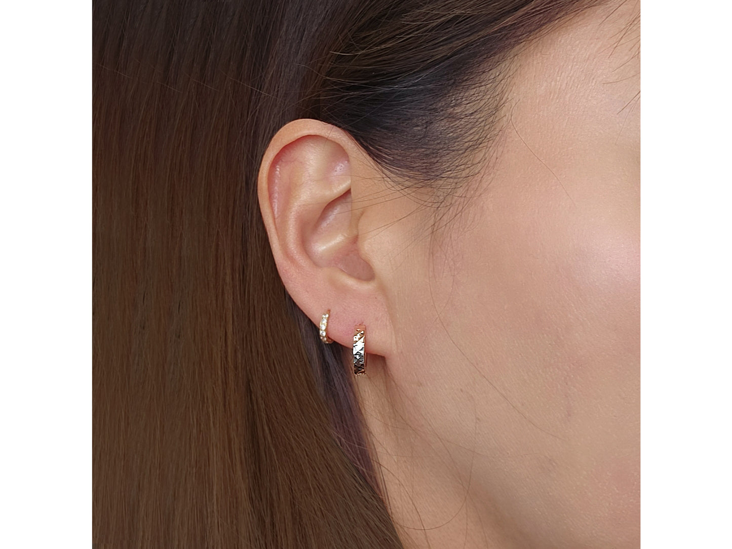 14K Solid Gold Tri color Diamond Cut Round Huggies Hoop earring