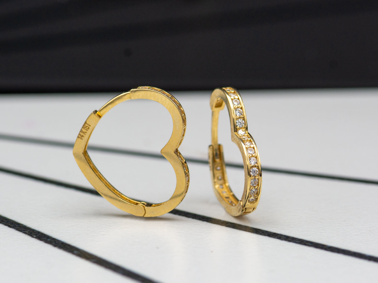 14K Solid Gold Heart Pave CZ Huggies Hoop earring