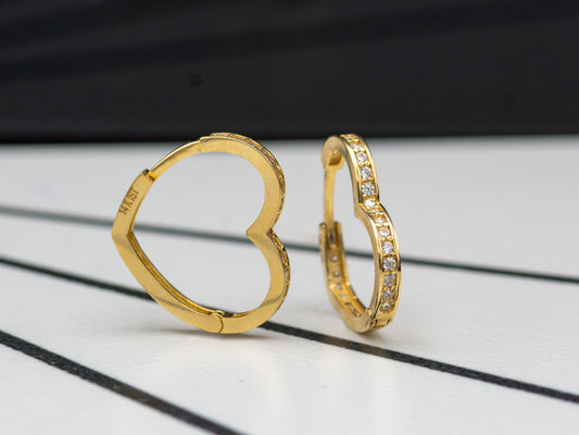 14K Solid Gold Heart Pave CZ Huggies Hoop earring