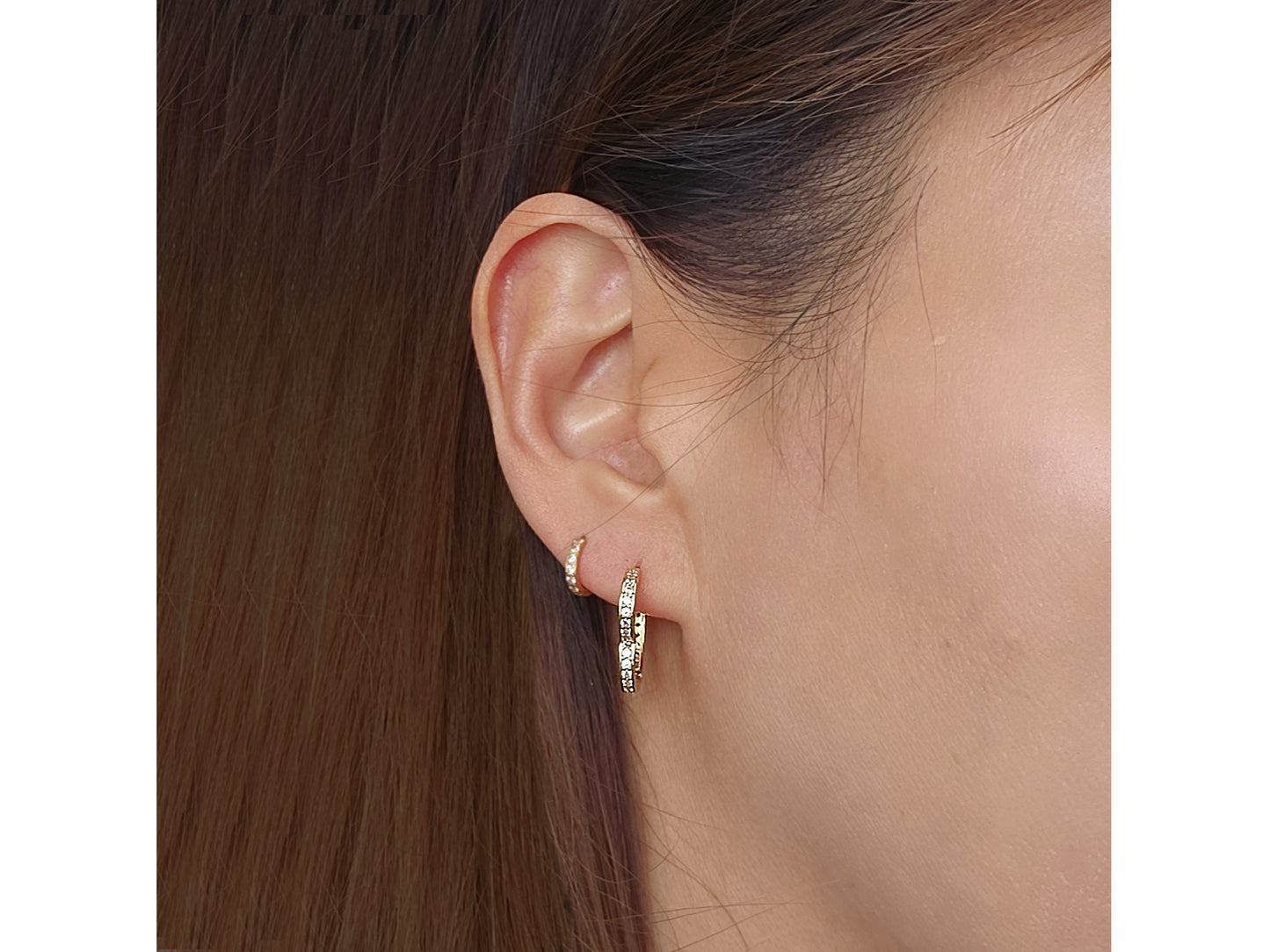 14K Solid Gold Heart Pave CZ Huggies Hoop earring