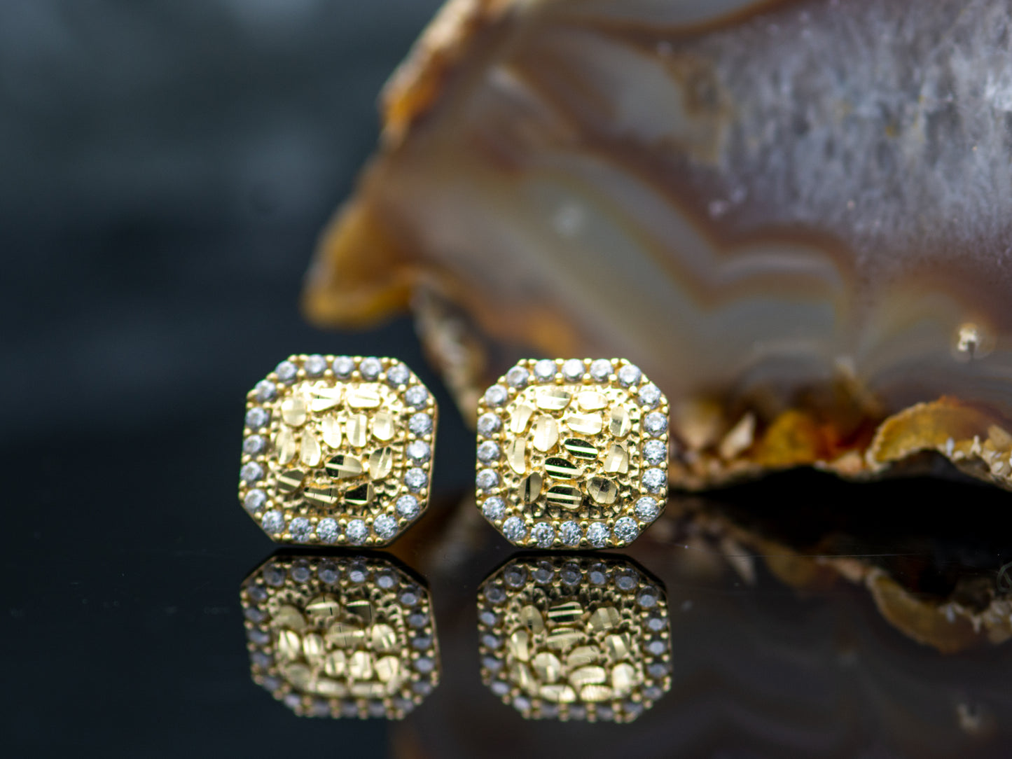 14K Solid Gold Square Nugget stud earring