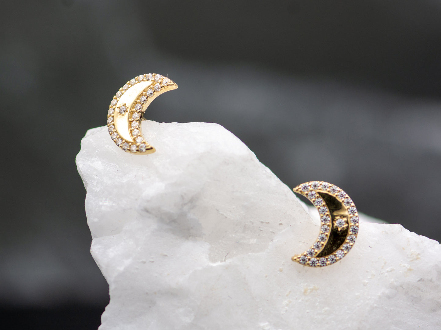 14K Solid Gold Simulated Diamond Crescent Moon Earrings