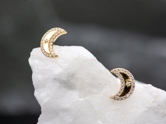 14K Solid Gold Simulated Diamond Crescent Moon Earrings