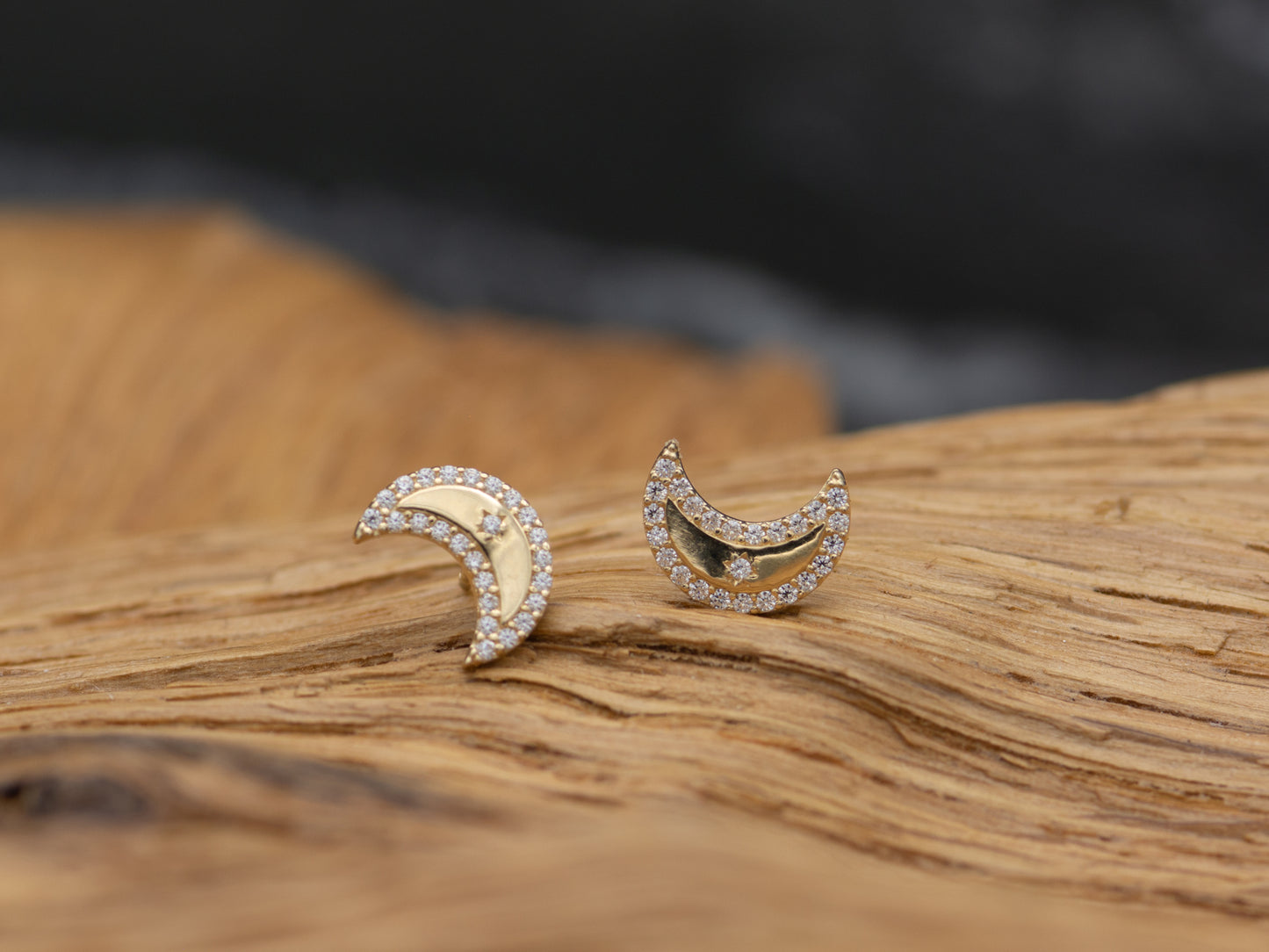 14K Solid Gold Simulated Diamond Crescent Moon Earrings