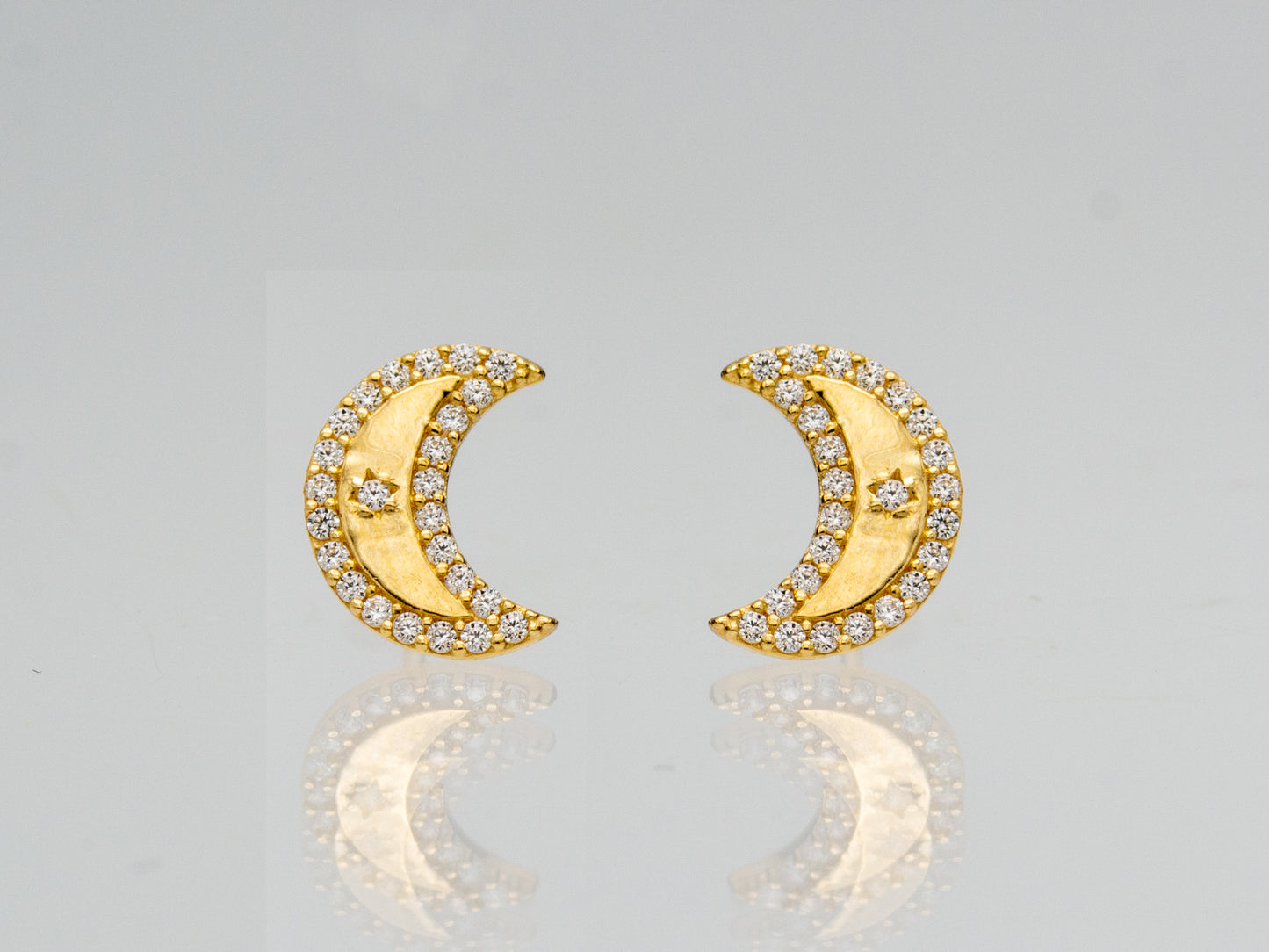 14K Solid Gold Simulated Diamond Crescent Moon Earrings