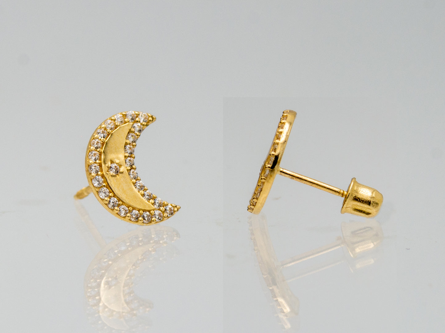 14K Solid Gold Simulated Diamond Crescent Moon Earrings