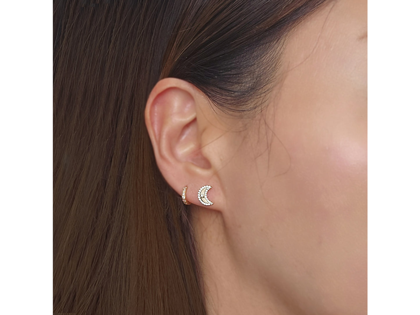 14K Solid Gold Simulated Diamond Crescent Moon Earrings