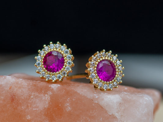 14K Solid Gold Flower Synthetic Ruby Earrings