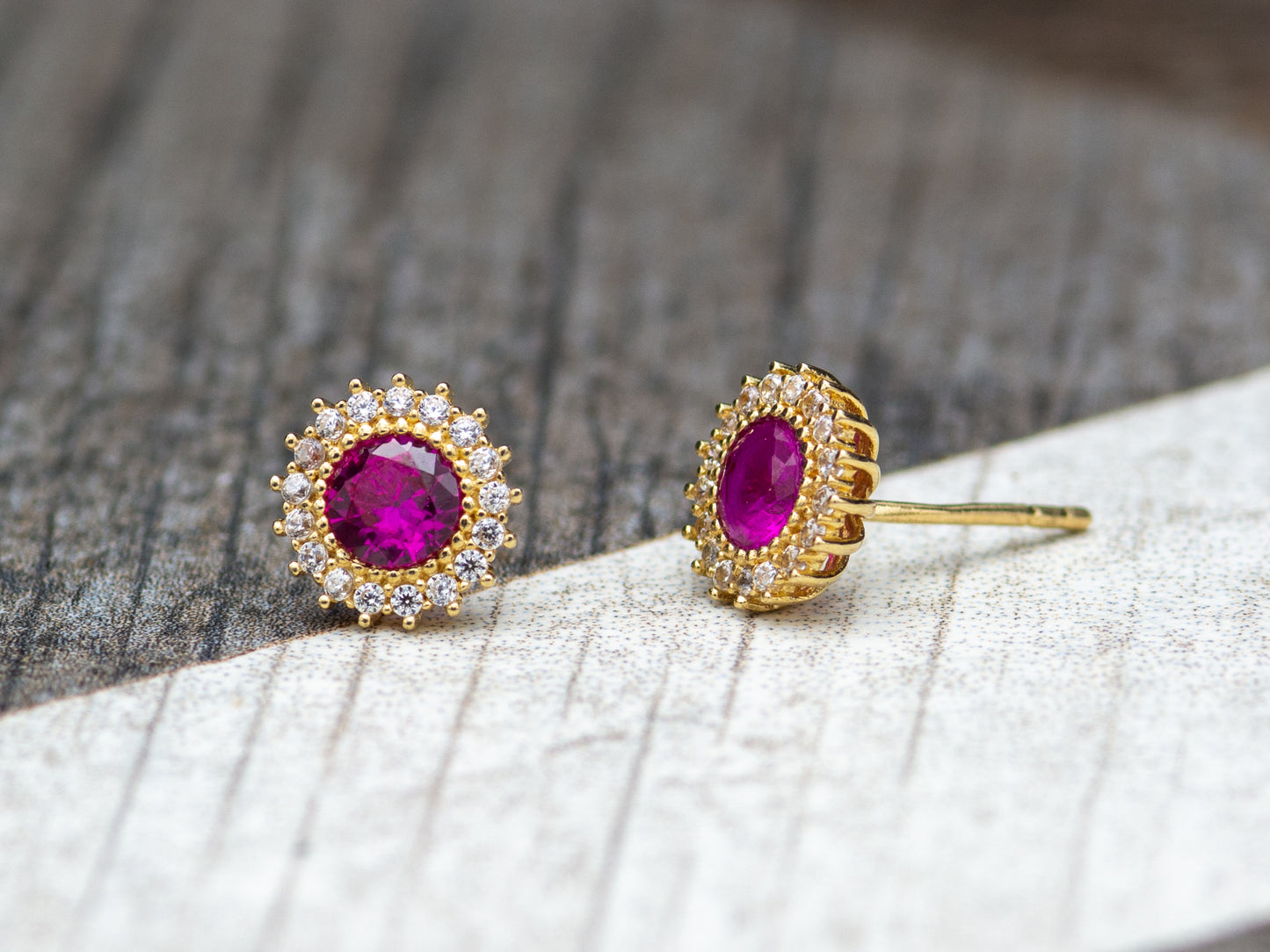 14K Solid Gold Flower Synthetic Ruby Earrings