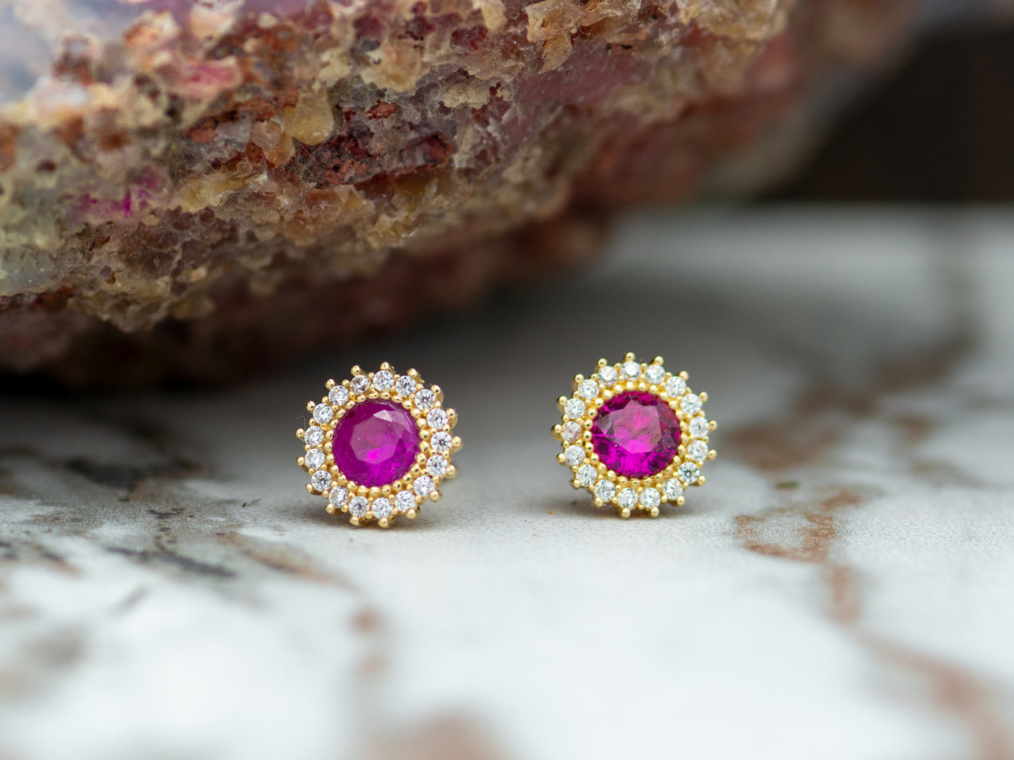 14K Solid Gold Flower Synthetic Ruby Earrings