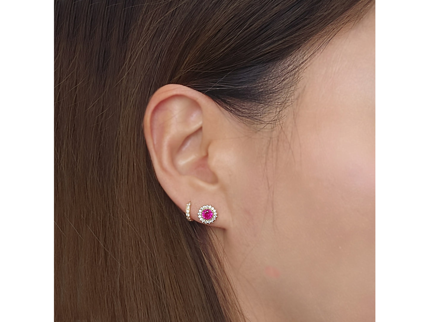 14K Solid Gold Flower Synthetic Ruby Earrings