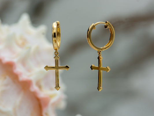14k solid gold Cross drop Hoop Huggies Dangle earring