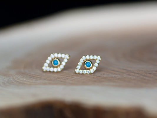 14k solid gold Turquoise Evil eye stud earrings