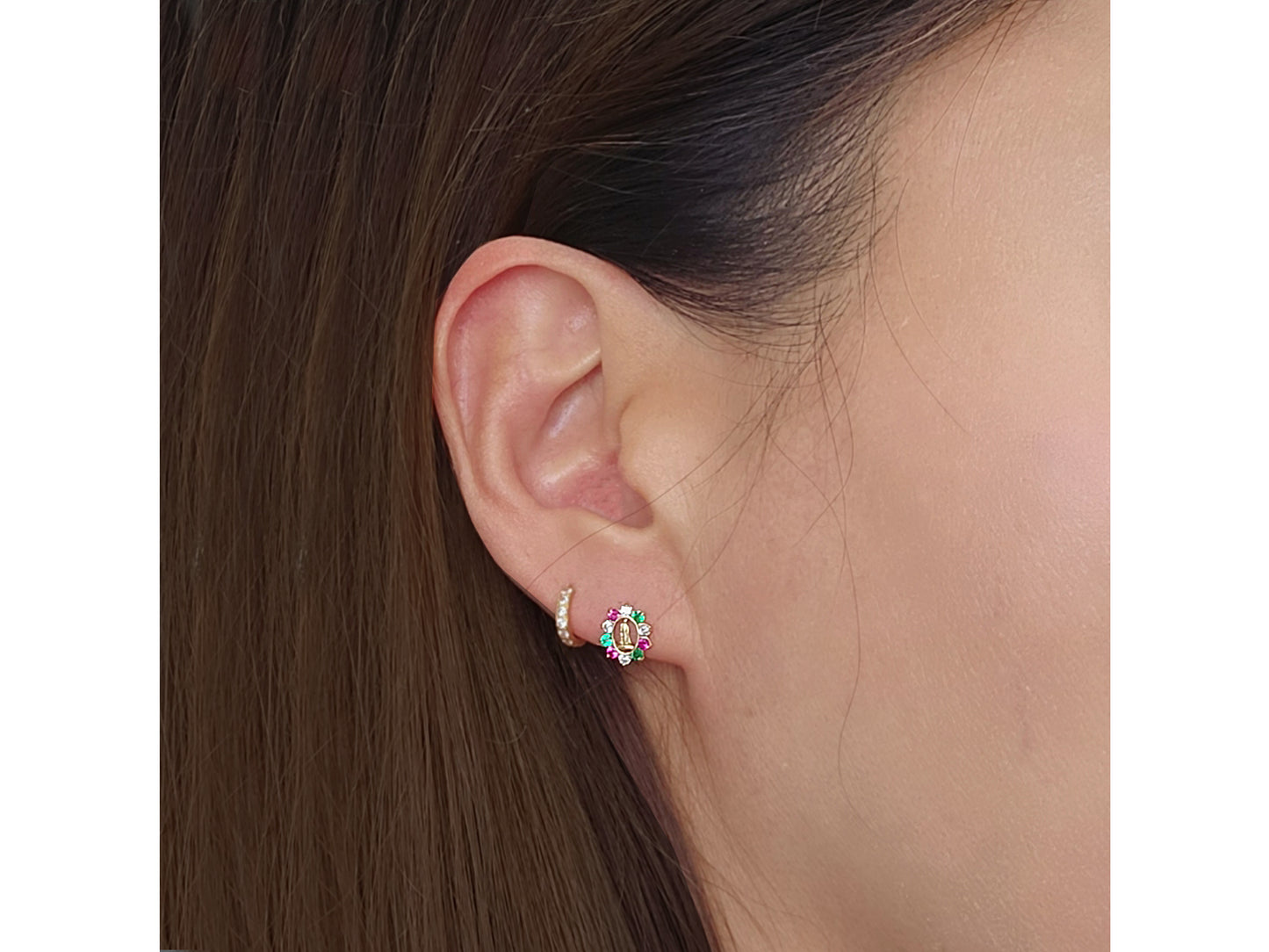 14k solid gold Guadalupe - Virgin Mary multi color CZ stud earring