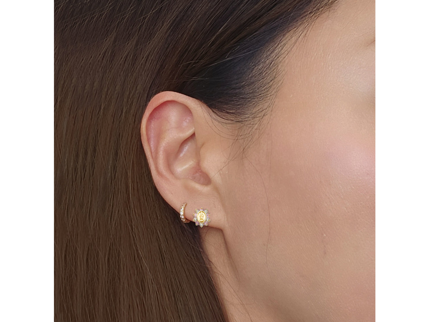 14k solid gold Guadalupe - Virgin Mary multi color CZ stud earring