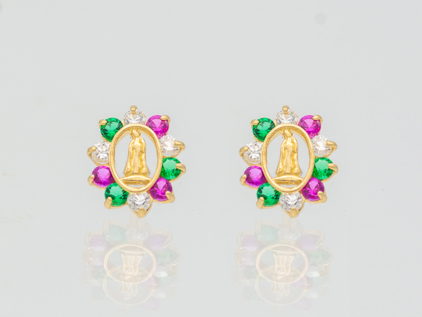 14k solid gold Guadalupe - Virgin Mary multi color CZ stud earring
