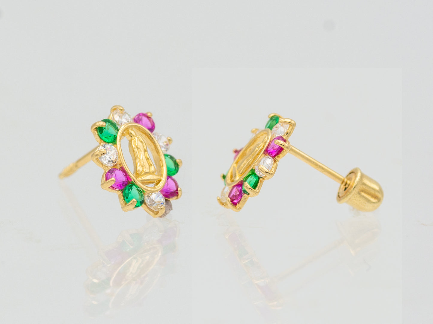 14k solid gold Guadalupe - Virgin Mary multi color CZ stud earring