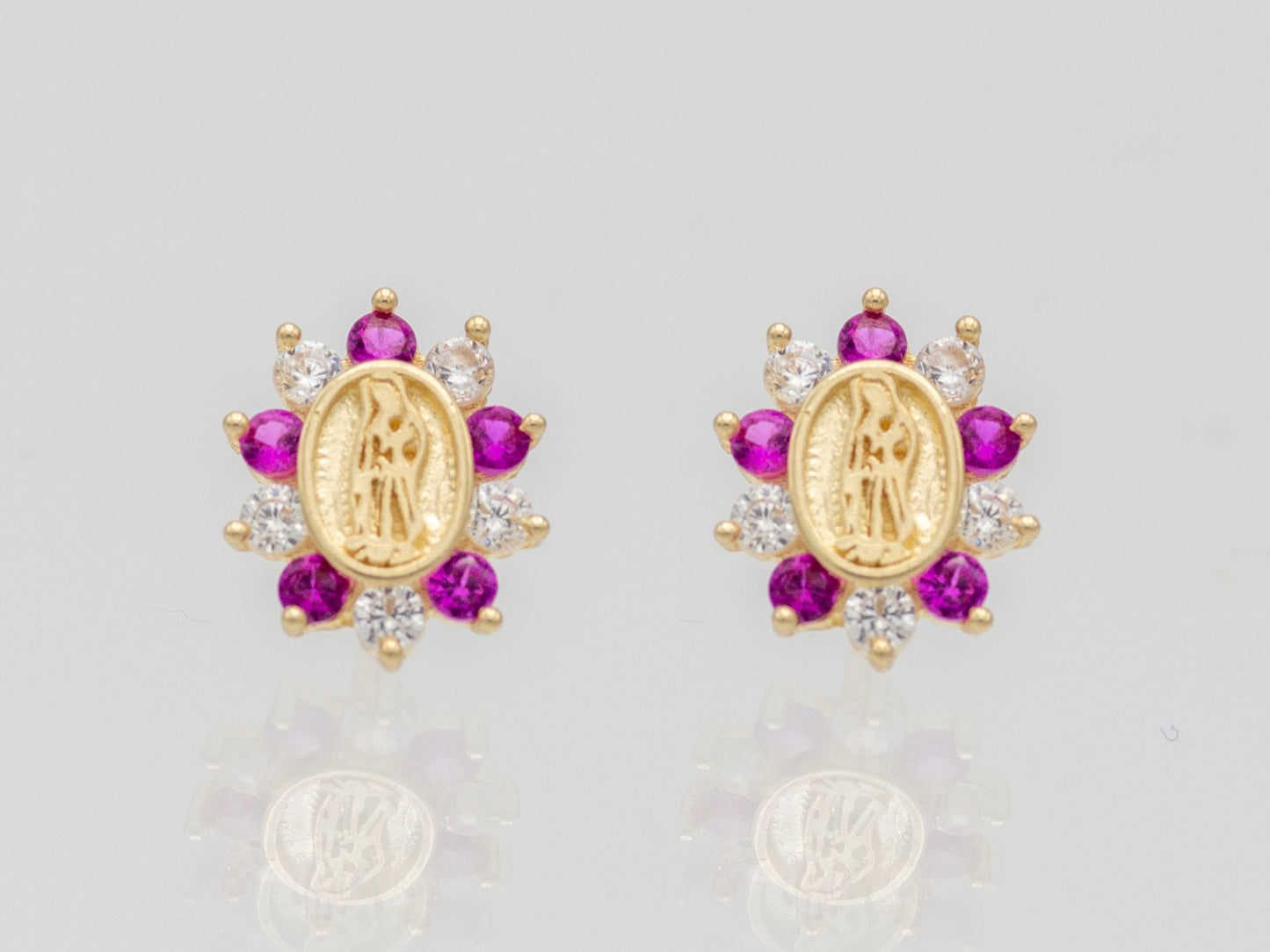 14k solid gold Guadalupe - Virgin Mary multi color CZ stud earring