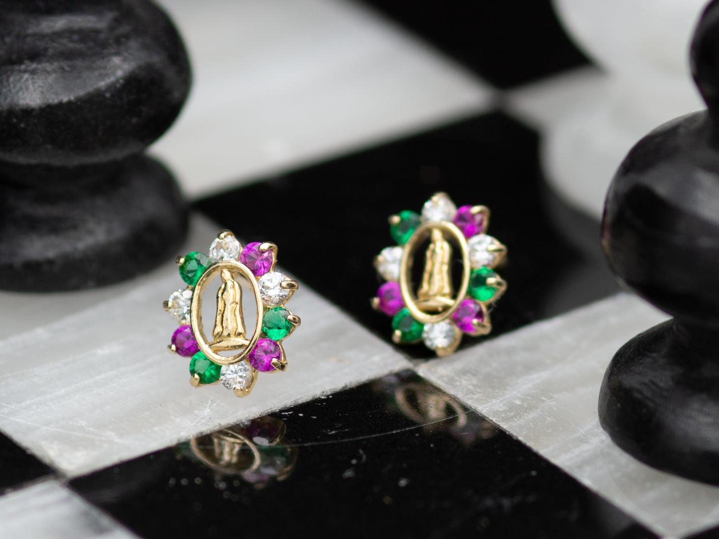 14k solid gold Guadalupe - Virgin Mary multi color CZ stud earring