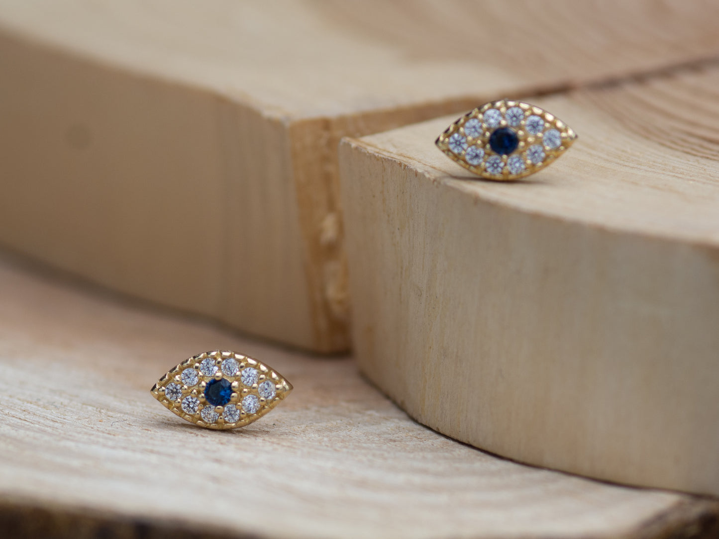 14k solid gold Pave Evil blue Eye Stud Earring