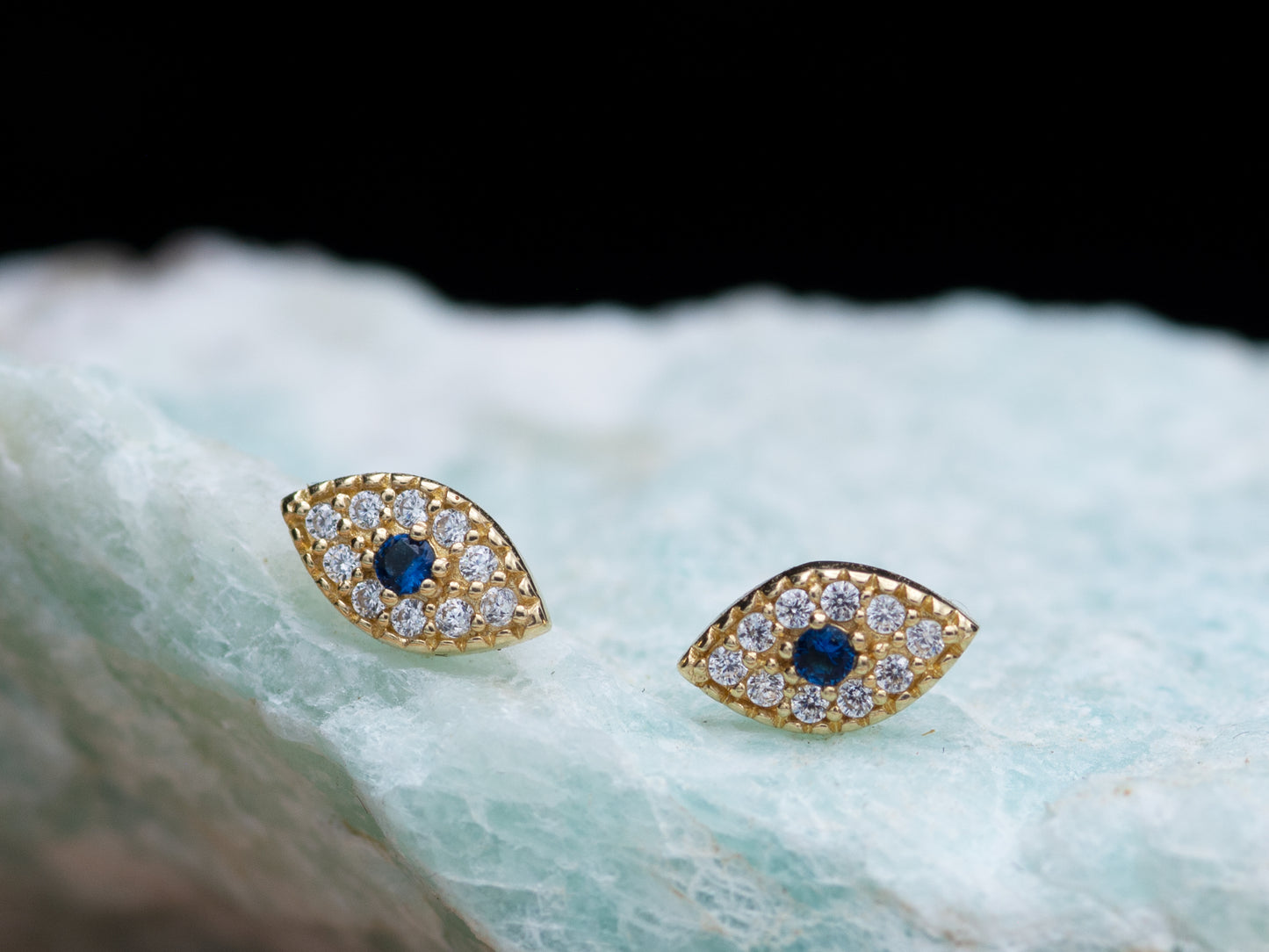 14k solid gold Pave Evil blue Eye Stud Earring