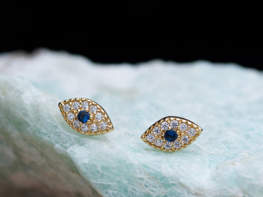 14k solid gold Pave Evil blue Eye Stud Earring