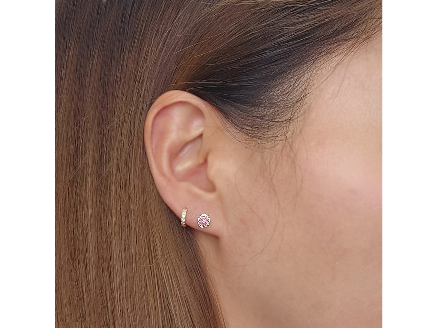 14k solid gold Pink and White CZ stud earring