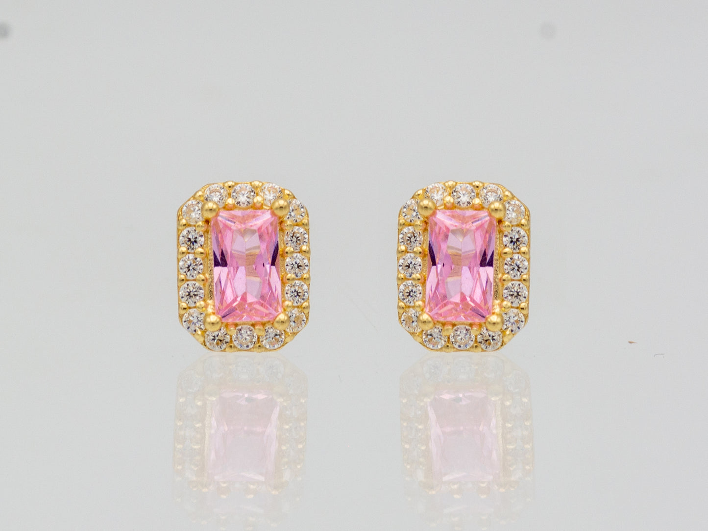 14k solid gold Emerald cut Pink Square stud earring