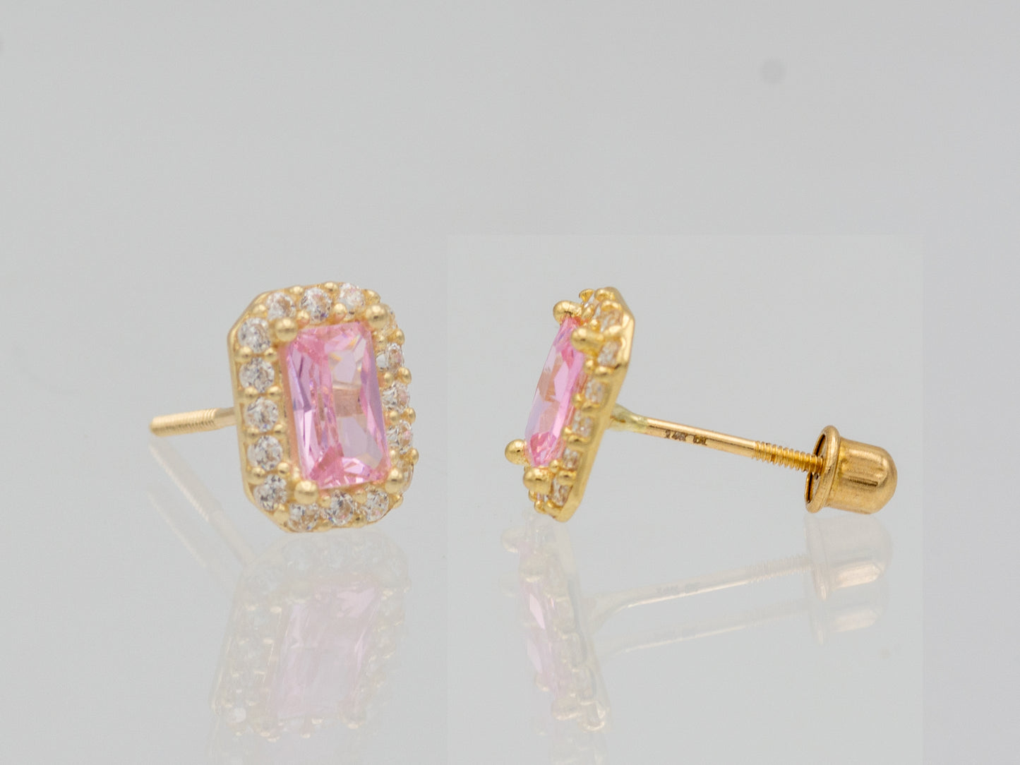 14k solid gold Emerald cut Pink Square stud earring