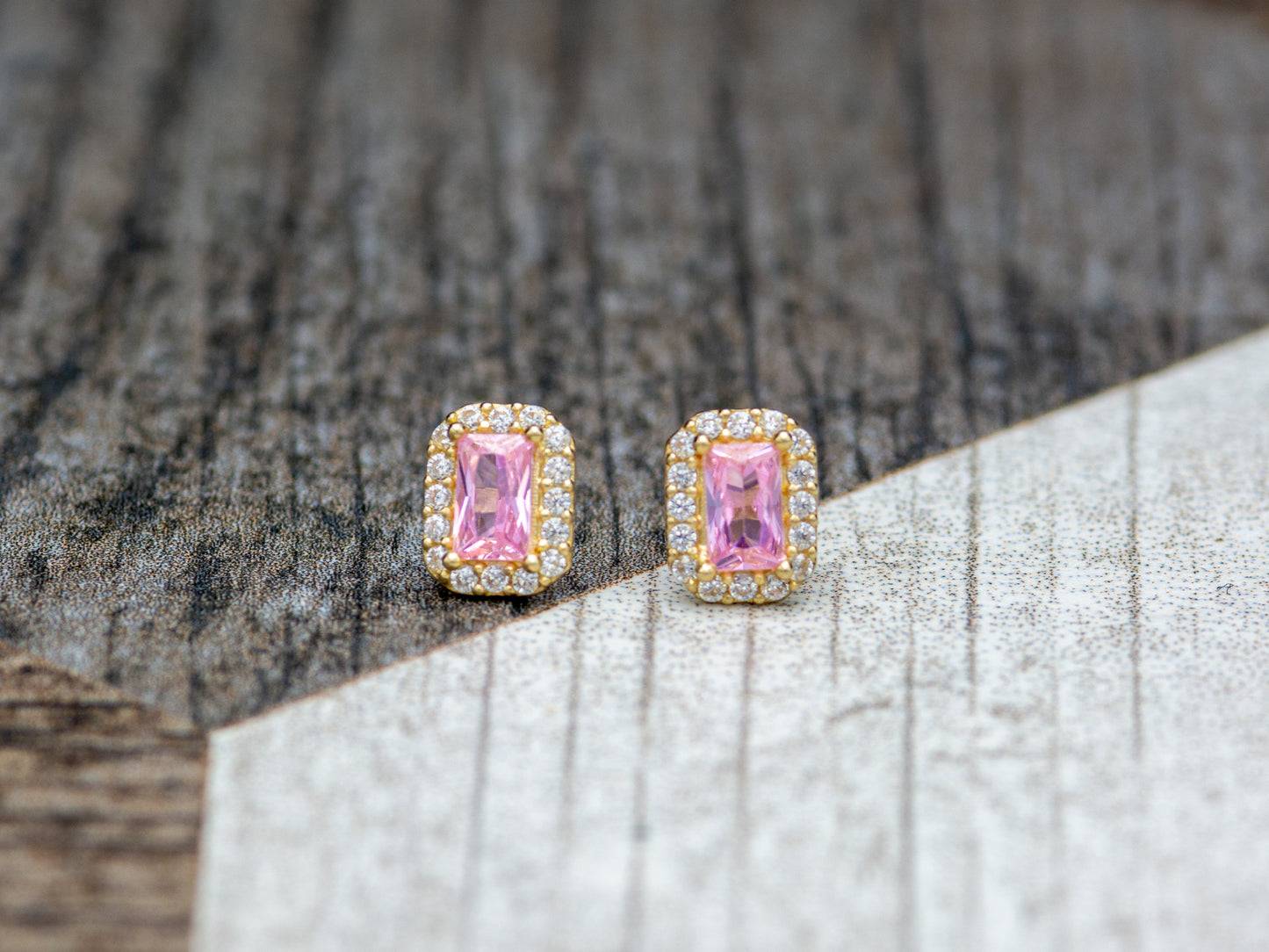 14k solid gold Emerald cut Pink Square stud earring