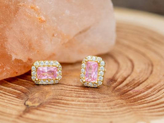 14k solid gold Emerald cut Pink Square stud earring