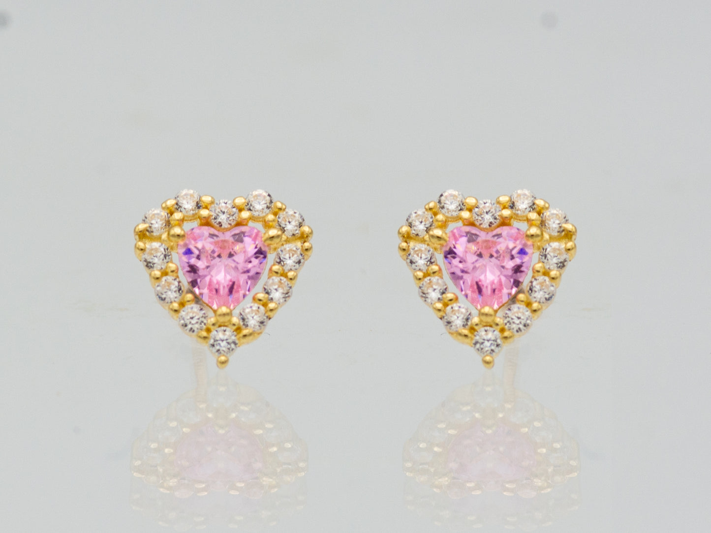 14k solid gold Pink and White Cubic Zirconia Frame Heart Stud Earring