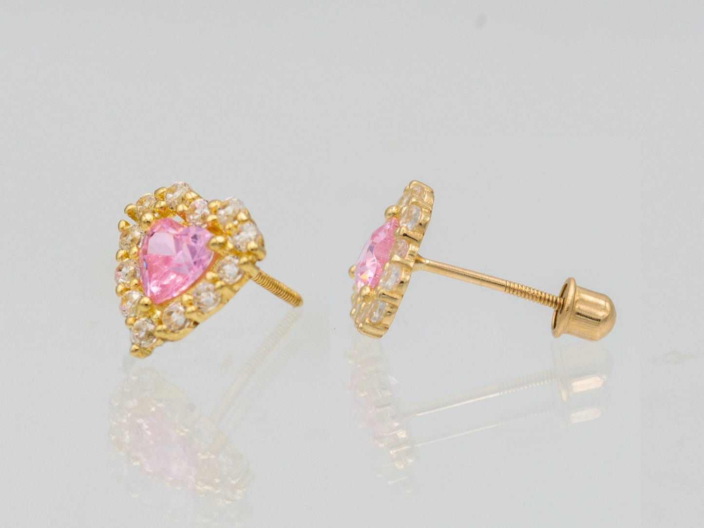 14k solid gold Pink and White Cubic Zirconia Frame Heart Stud Earring