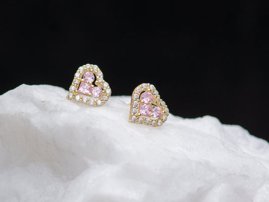 14k solid gold Pink and White Cubic Zirconia Frame Heart Stud Earring