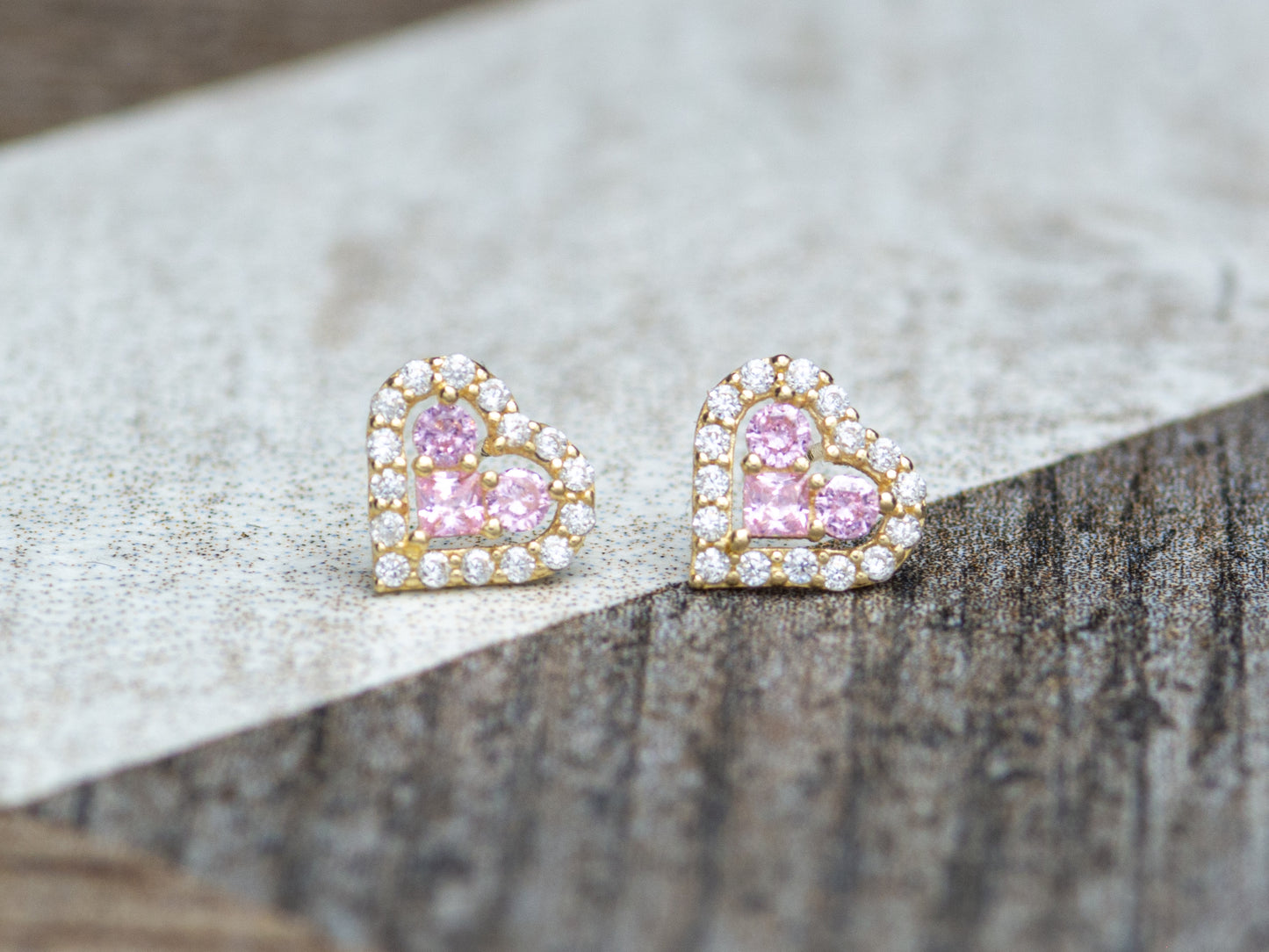14k solid gold Pink and White Cubic Zirconia Frame Heart Stud Earring