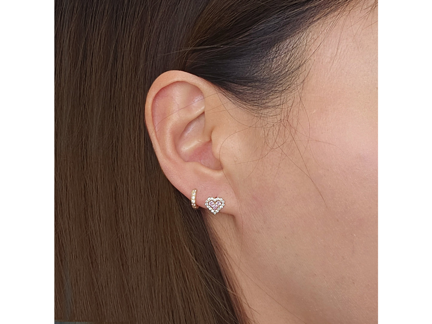14k solid gold Pink and White Cubic Zirconia Frame Heart Stud Earring